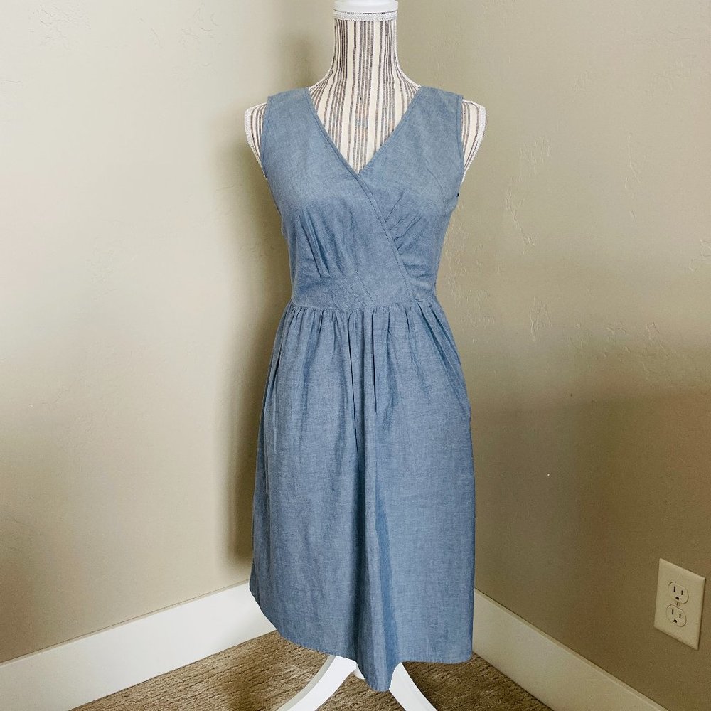 Outback Red chambray sleeveless faux wrap dress
